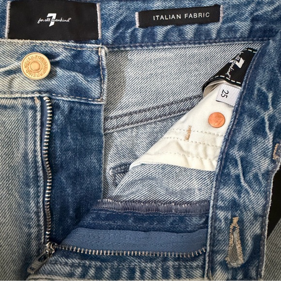 7 For All Mankind Denim Midi Skirt Asymmetrical Raw Hem NWT Size 25 Peaches - Picture 9 of 13